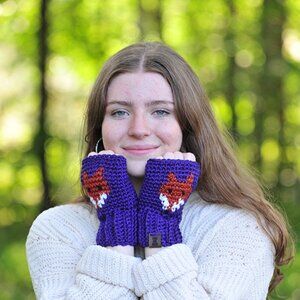 Handmade Purple Fox Fingerless Gloves, Crochet Wrist Warmers Made in Canada